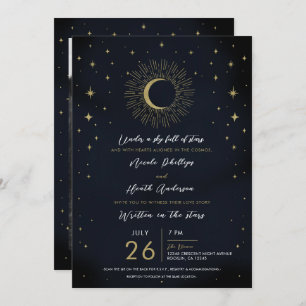 Gold Stars Night Celestial Sunburst Moon Wedding Invitation