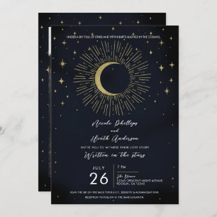 Gold Stars Night Celestial Sunburst Moon Wedding Invitation