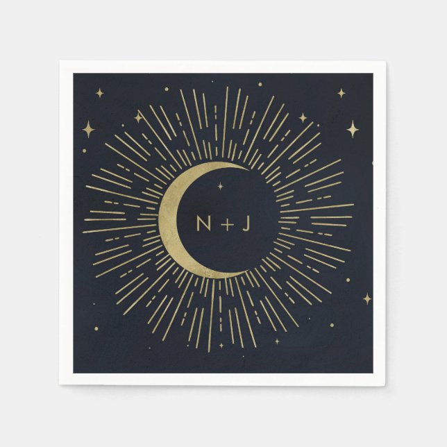 Gold Stars Night Celestial Sunburst Moon Wedding Napkins (Front)