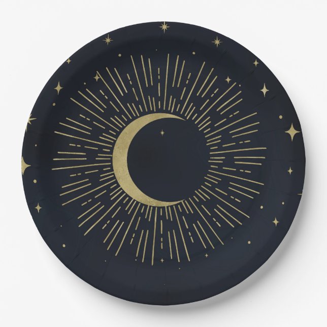 Gold Stars Night Celestial Sunburst Moon Wedding Paper Plates (Front)