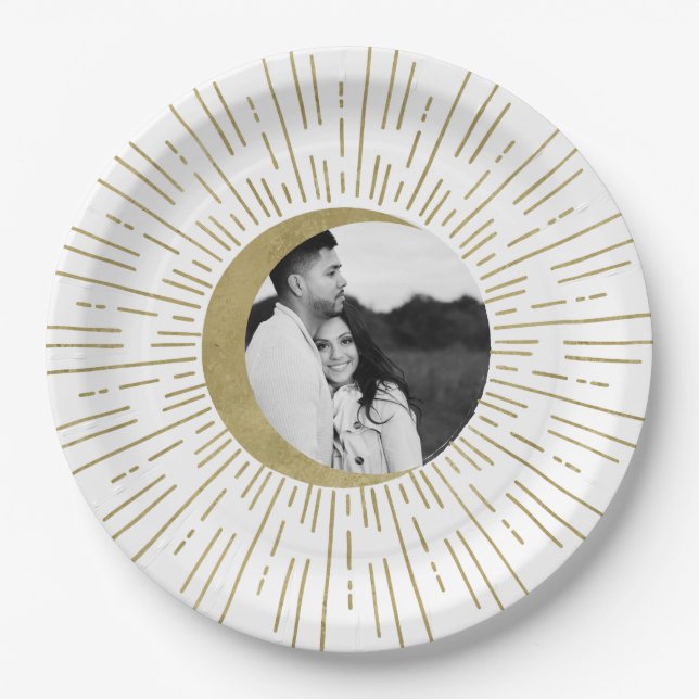 Gold Stars Night Celestial Sunburst Moon Wedding Paper Plates (Front)