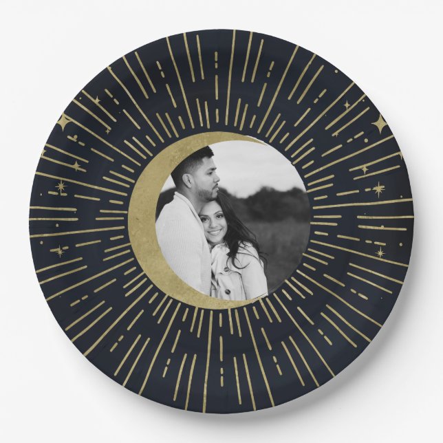 Gold Stars Night Celestial Sunburst Moon Wedding Paper Plates (Front)