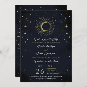 Gold Stars Night Celestial Sunburst Photo Wedding Invitation