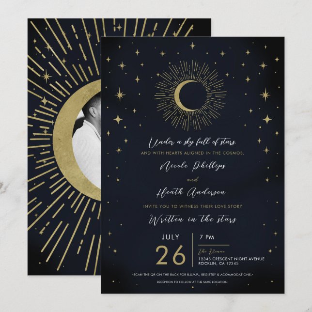 Gold Stars Night Celestial Sunburst Photo Wedding Invitation (Front/Back)