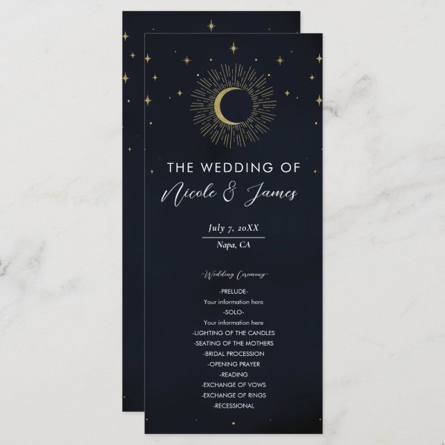 Gold Stars Night Sunburst Moon Wedding Program (Front/Back)