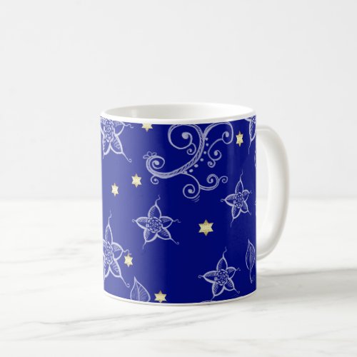 Gold Stars of David Floral Pattern Hanukkah Gift Coffee Mug