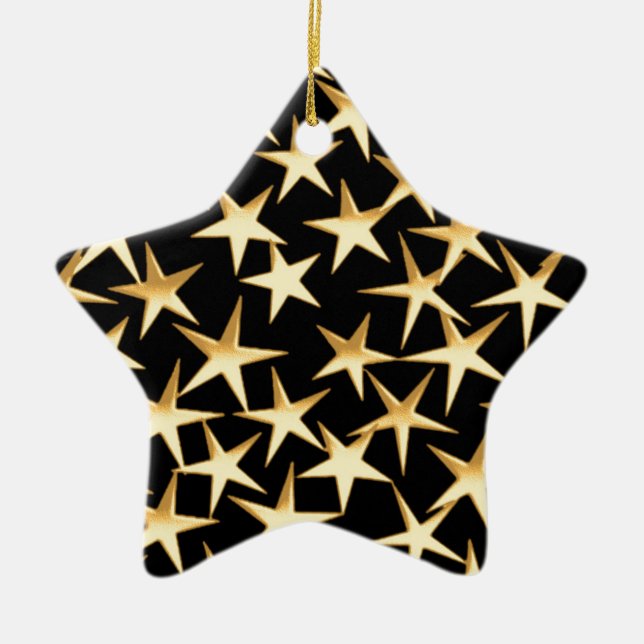 Gold stars on a black background ceramic ornament (Front)