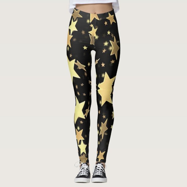 Gold Stars on Black Background Leggings (Front)