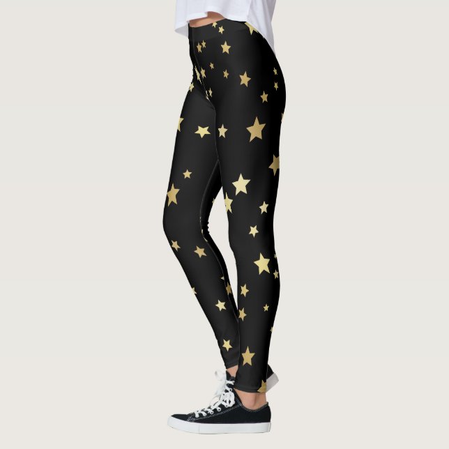 Gold Stars on Black Background Leggings (Left)
