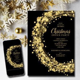 Gold Stars on Black Christmas Party Invitation