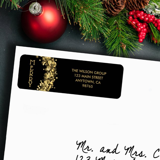 Gold Stars on Black Christmas Return Address Label (Gold twinkling stars on black small Christmas return address labels)