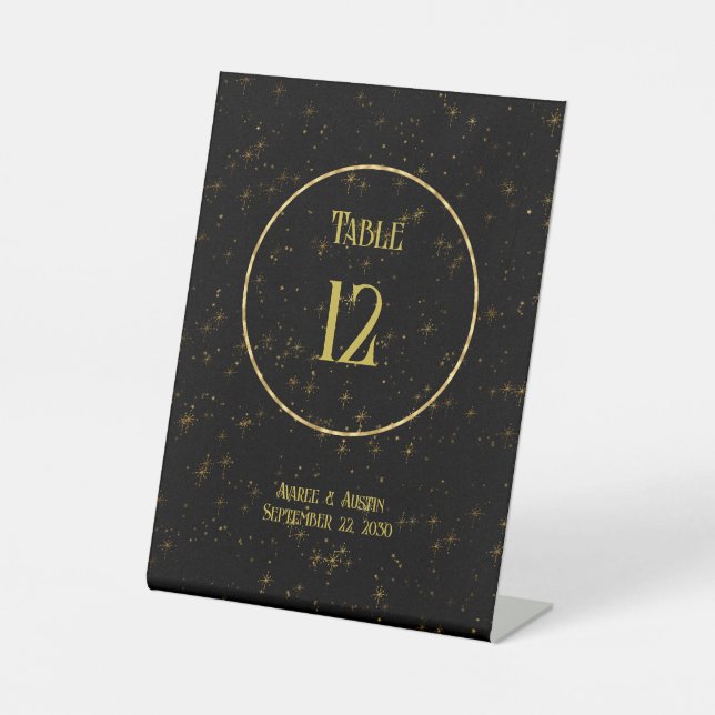 Gold Stars On Black In Gold Circle Tabletop Pedestal Sign (Front)