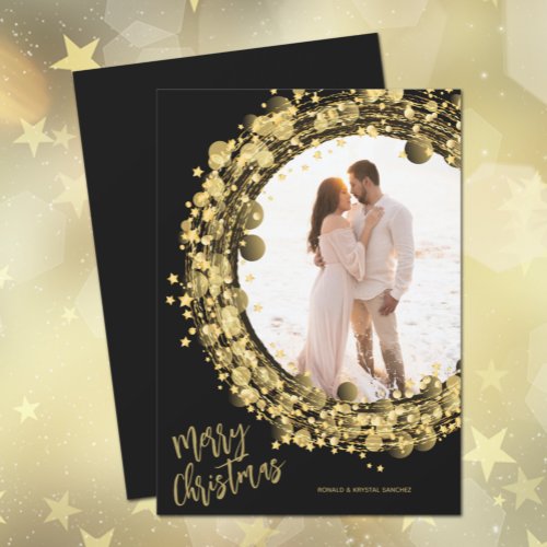 Gold Stars on Black Merry Christmas Photo Holiday Card