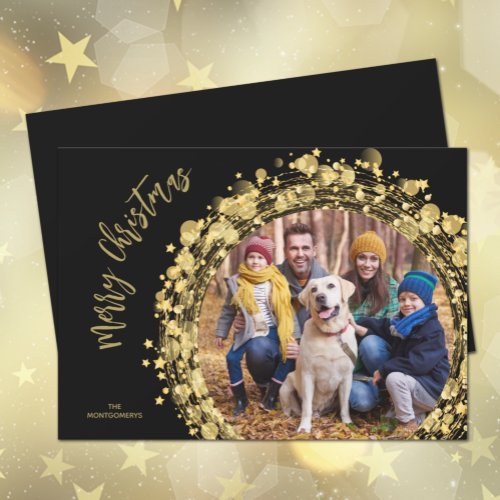 Gold Stars on Black Merry Christmas Photo Holiday Card