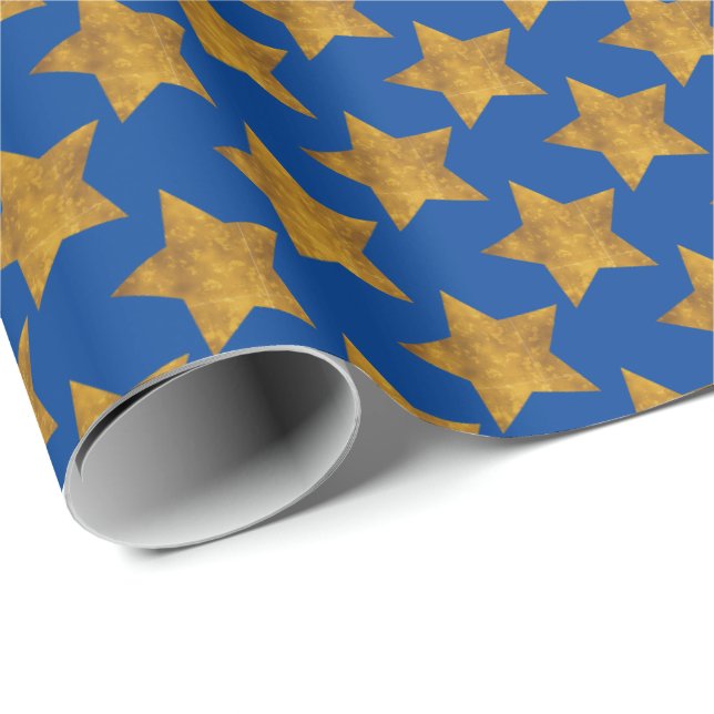 Gold Stars on Blue Gift Wrapping Paper Wrap (Roll Corner)