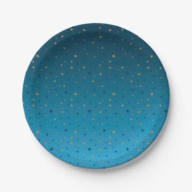 Gold stars on blue.  paper plates (Front)