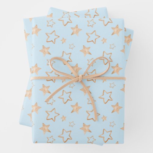 Gold Stars on Blue Wrapping Paper Sheets