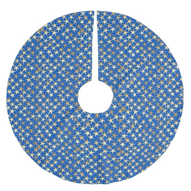 Gold stars on cobalt blue brushed polyester tree skirt (Front)