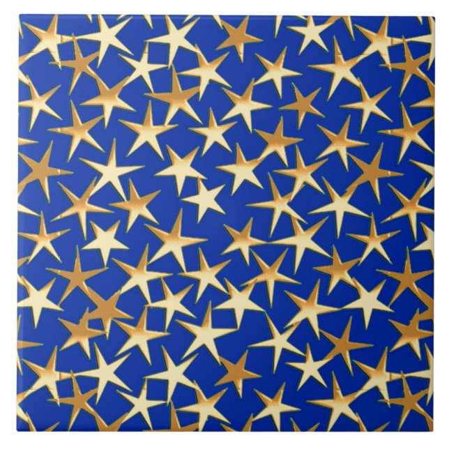 Gold stars on cobalt blue ceramic tile (Front)