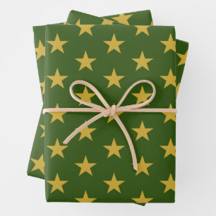 Gold Stars on Emerald Green Wrapping Paper Sheets