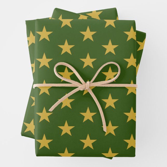 Gold Stars on Emerald Green Wrapping Paper Sheets (In situ)