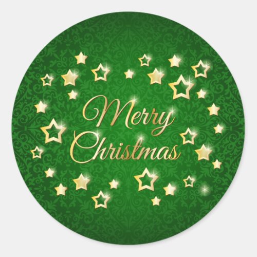 Gold stars on green damask Merry Christmas Classic Round Sticker