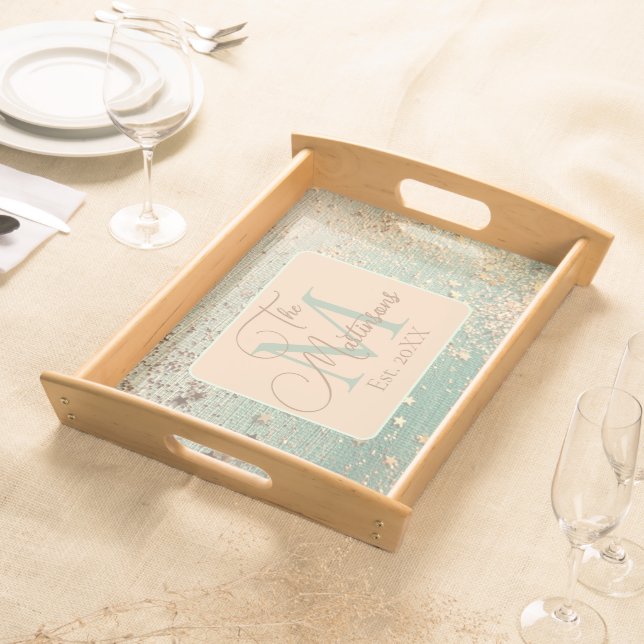 Gold Stars on Green Family Name Serving Tray (Front)