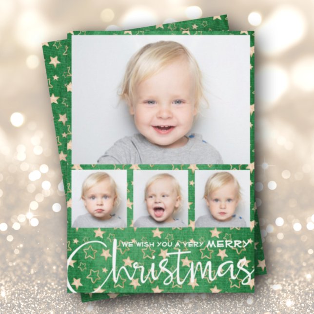 Gold Stars on Green Multiple Photo Christmas Holiday Card (Creator Uploaded)