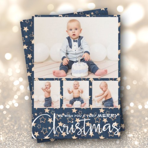 Gold Stars on Navy Blue Multiple Photo Christmas Holiday Card