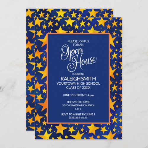 Gold Stars on Navy Blue Open House Grad Party Invitation