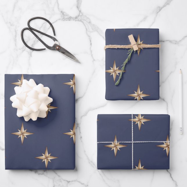 Gold Stars On Navy Blue Wrapping Paper Sheets (Front)