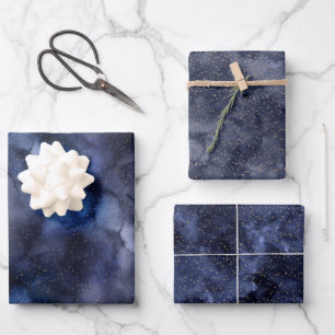 Gold Stars on Navy Night Sky  Wrapping Paper Sheet