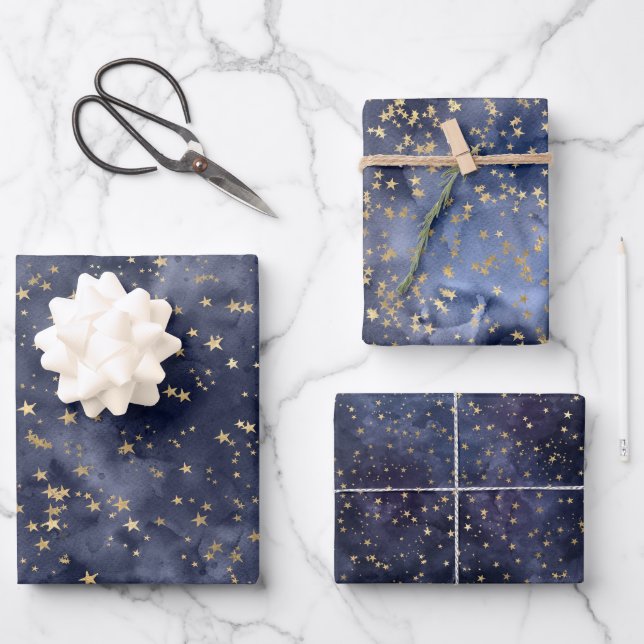 Gold Stars on Navy Night Sky  Wrapping Paper Sheets (Front)