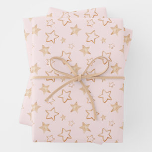 Gold Stars on Pink Wrapping Paper Sheets