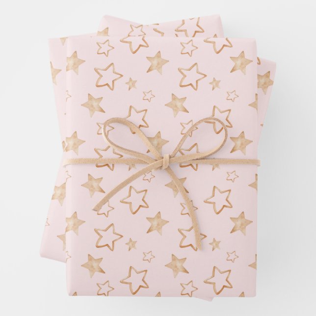Gold Stars on Pink Wrapping Paper Sheets (In situ)