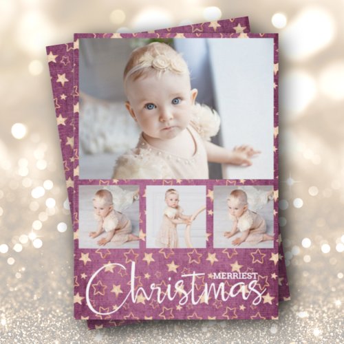 Gold Stars on Purple Multiple Photo Christmas Holiday Card