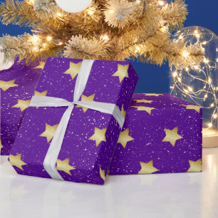 Gold Stars On Purple With Snowflakes  Wrapping Paper