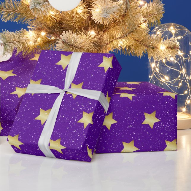 Gold Stars On Purple With Snowflakes  Wrapping Paper (Holidays)