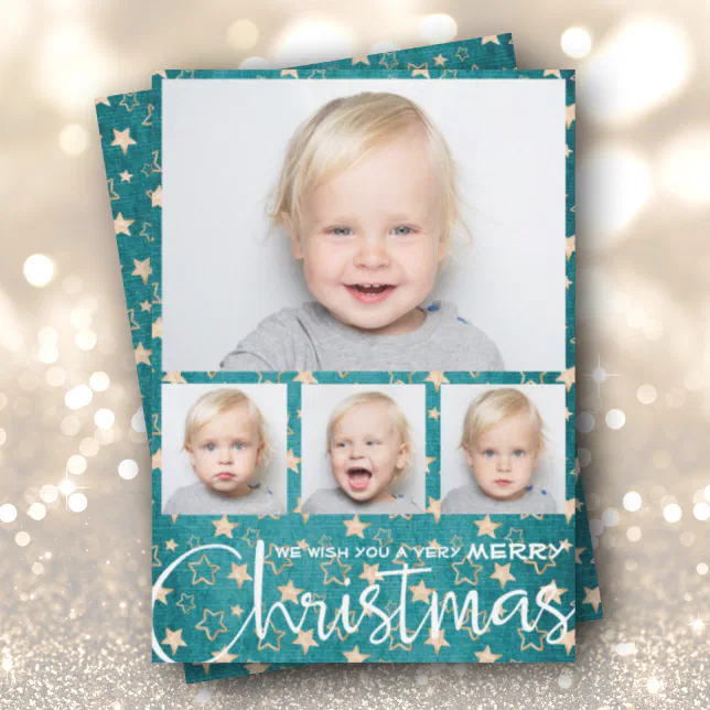 Gold Stars on Turquoise Multiple Photo Christmas Holiday Card | Zazzle