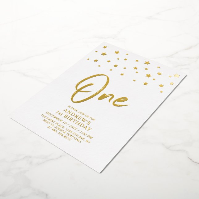 Gold Stars | One 1st Birthday Party Foil Invitation (Rotated)