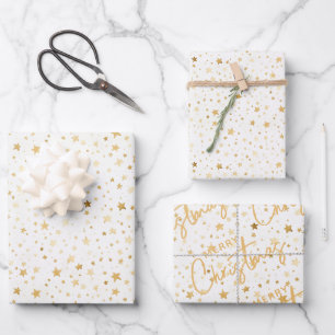 Gold Stars Pattern Merry Christmas  Wrapping Paper Sheets