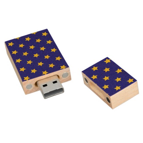 Gold Stars Pattern Navy Blue Exclusive Wood Flash Drive