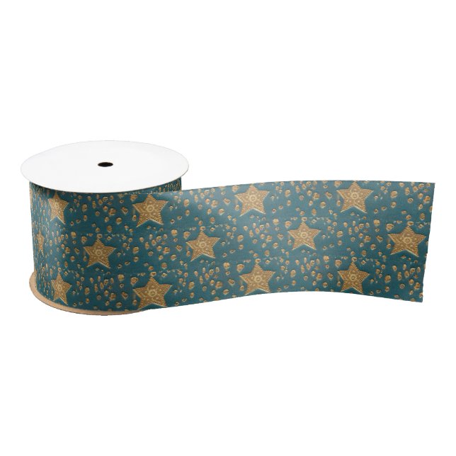 Gold Stars Pattern on Blue Night Sky Elegant Satin Ribbon (Spool)