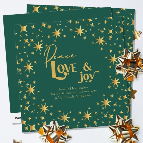 Gold Stars Peace Love and Joy Simple Elegant Green Holiday Card