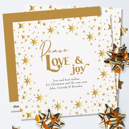 Gold Stars Peace Love and Joy Simple Elegant Holiday Card