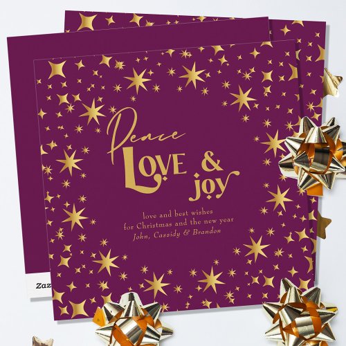 Gold Stars Peace Love and Joy Simple Elegant Plum Holiday Card