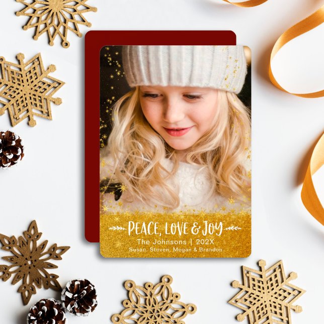 Gold Stars Peace Love Joy Modern Script Photo Holiday Card (Creator Uploaded)