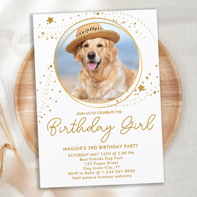 Gold Stars Personalized Pet Photo Dog Birthday Invitation (Creator Uploaded)