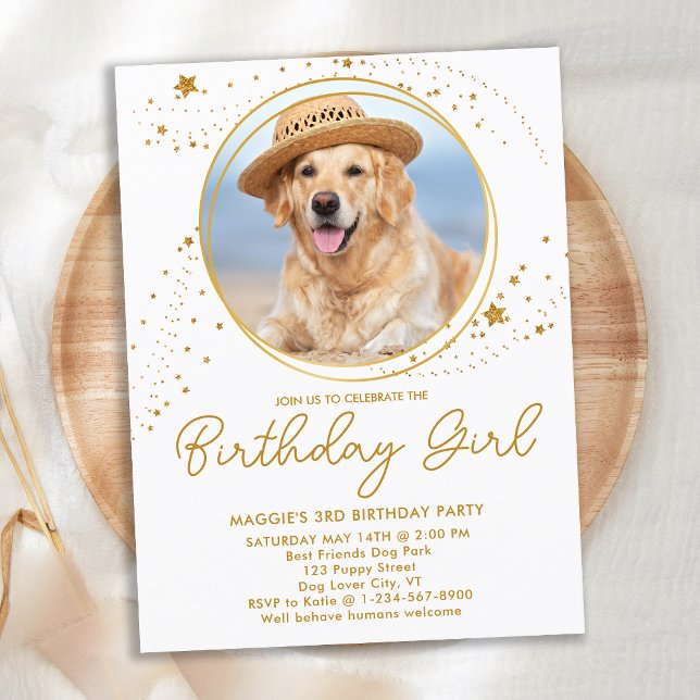 Gold Stars Personalized Pet Photo Dog Birthday  Invitation Postcard (Creator Uploaded)