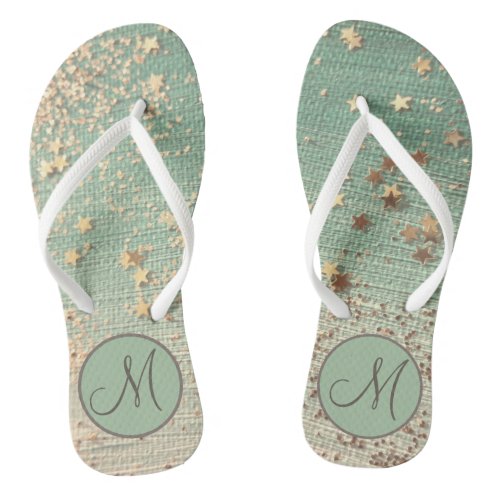 Gold Stars PersonalizSea Green Monogram Flip Flops